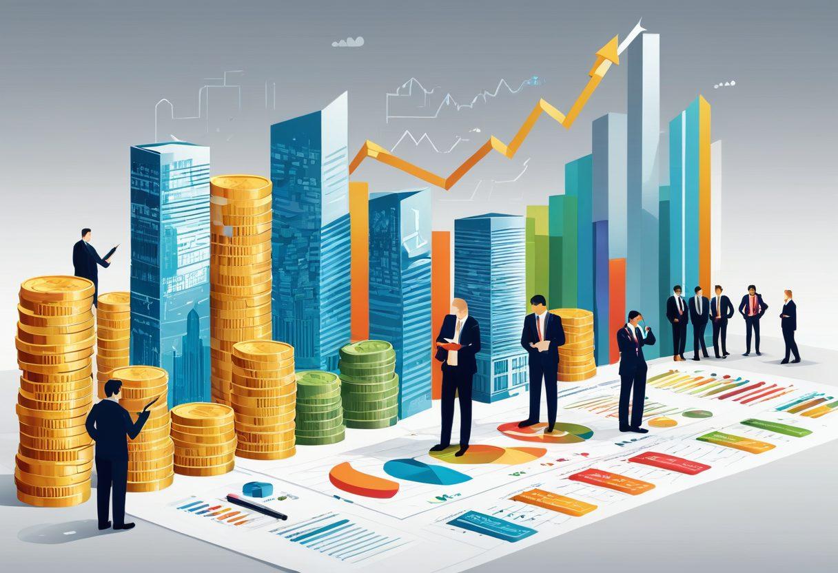 A detailed infographic of a cityscape made of stacks of coins and banknotes, with towering graphs and charts as buildings showcasing debt figures and economic indicators. People in business attire analyzing the data with magnifying glasses and calculators. Colors should be professional yet vibrant to attract attention. vector art. vibrant colors. white background.