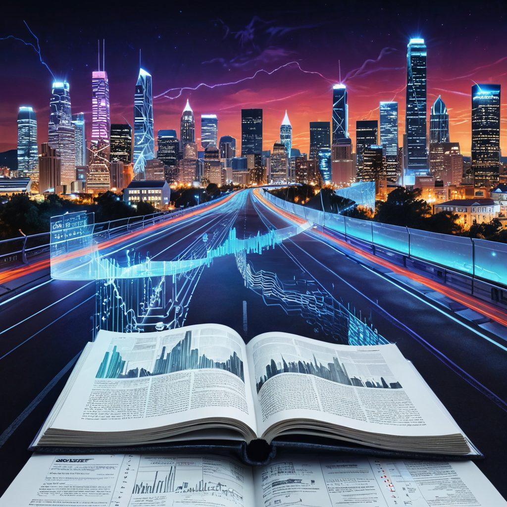 A dynamic financial landscape with a winding road symbolizing debt trends; historical data represented by a classic old ledger book and projected data shown as futuristic holographic charts. Diverse people in business attire either analyzing the charts or annotating the book. Background of a cityscape merging past and future architecture. vector art. vibrant colors.