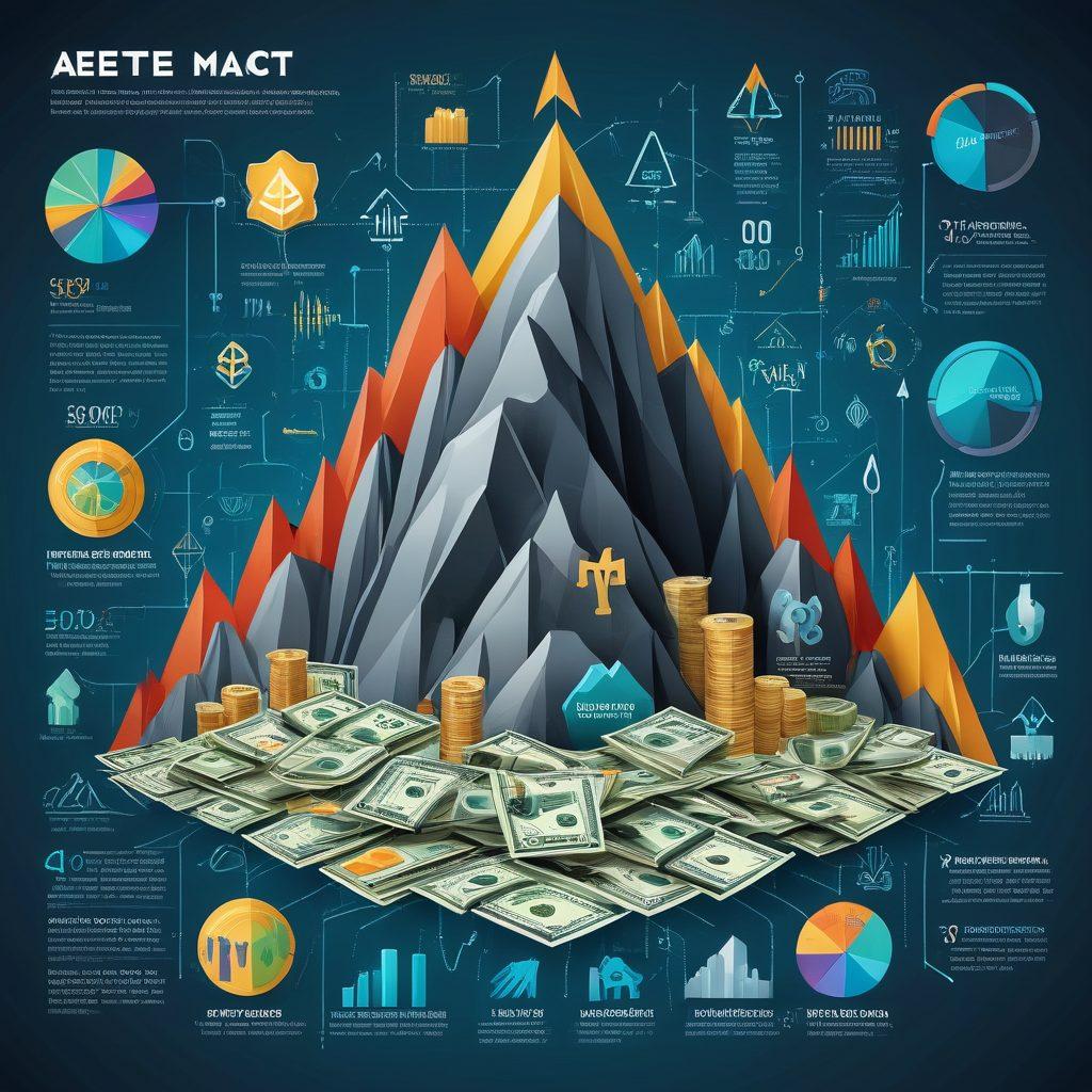 A detailed infographic featuring a towering mountain of money representing national debt, surrounded by icons of statistics, charts, and graphs. Arrows depicting trends and magnifying glasses highlighting key insights. Clear, modern fonts for labels. vector art. vibrant colors.